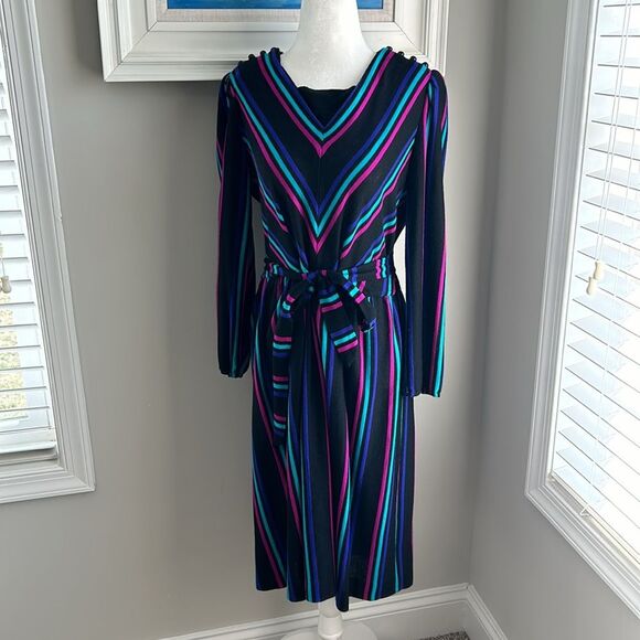 Vintage Sally Petite 80s Longsleeve Black Fit Flare Tie Chevron Striped Dress - Picture 3 of 16